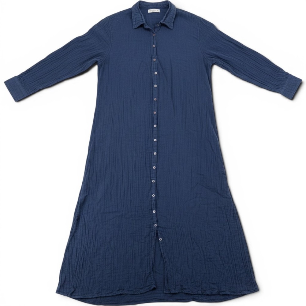 Natural Life Navy Blue Cotton Gauze Button Down Maxi Dress Duster Large